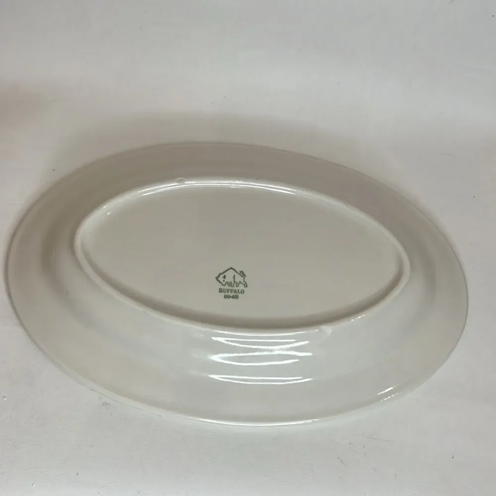 Buffalo Plates Heavy Ceramic Oval White Green Set Of 2 11 1/2 Inches X 7 3/4